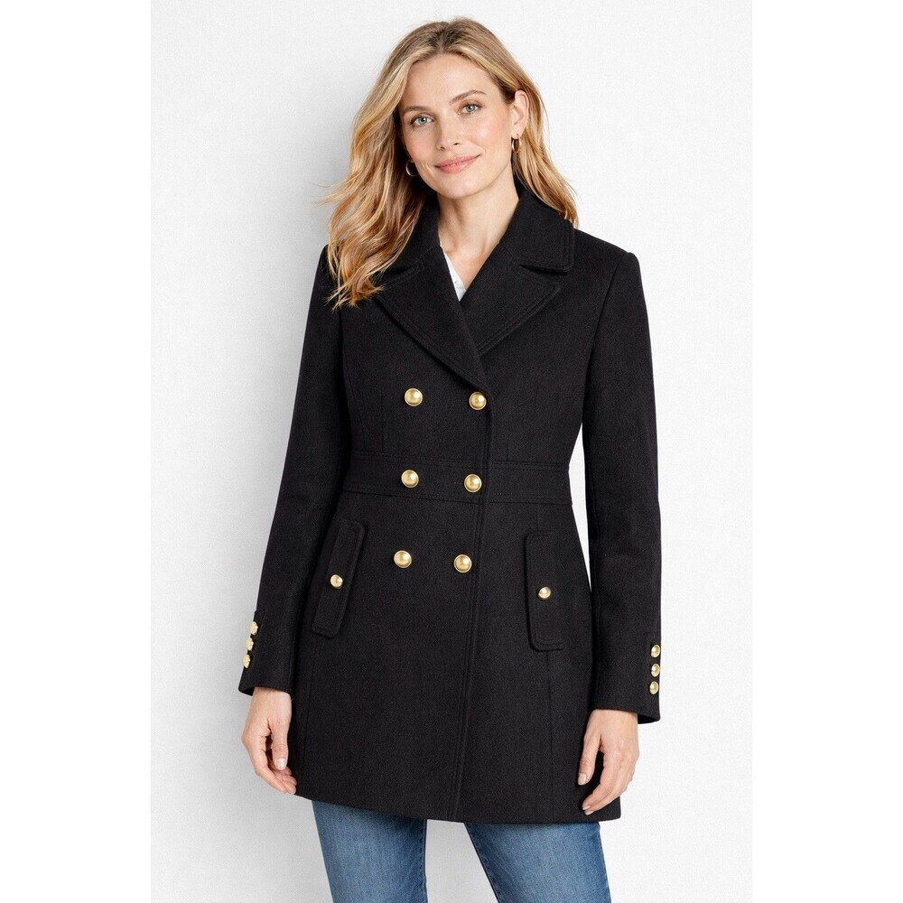 ANN TAYLOR LOFT WOMENS BLACK DOUBLE BREASTED WOOL RAYON COAT JACKET PEACOAT 10